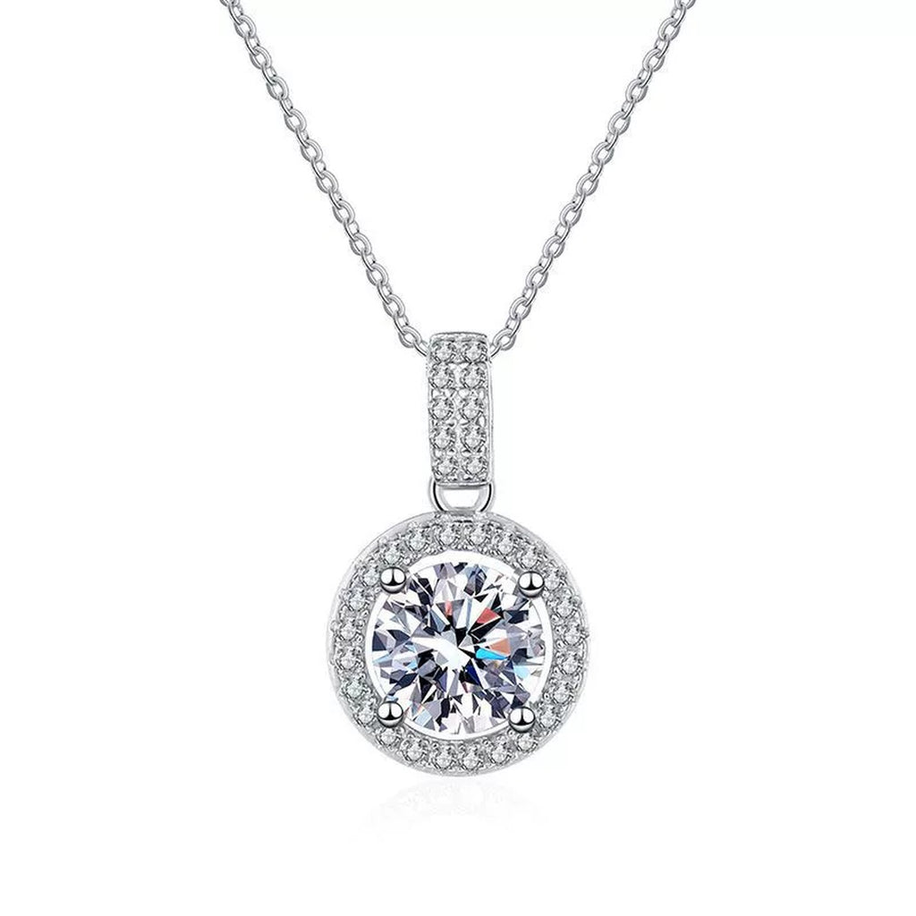 round halo moissanite pendant necklace with CZ accents in platinum-plated S925 sterling silver front view on white background