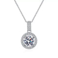 round halo moissanite pendant necklace with CZ accents in platinum-plated S925 sterling silver front view on white background
