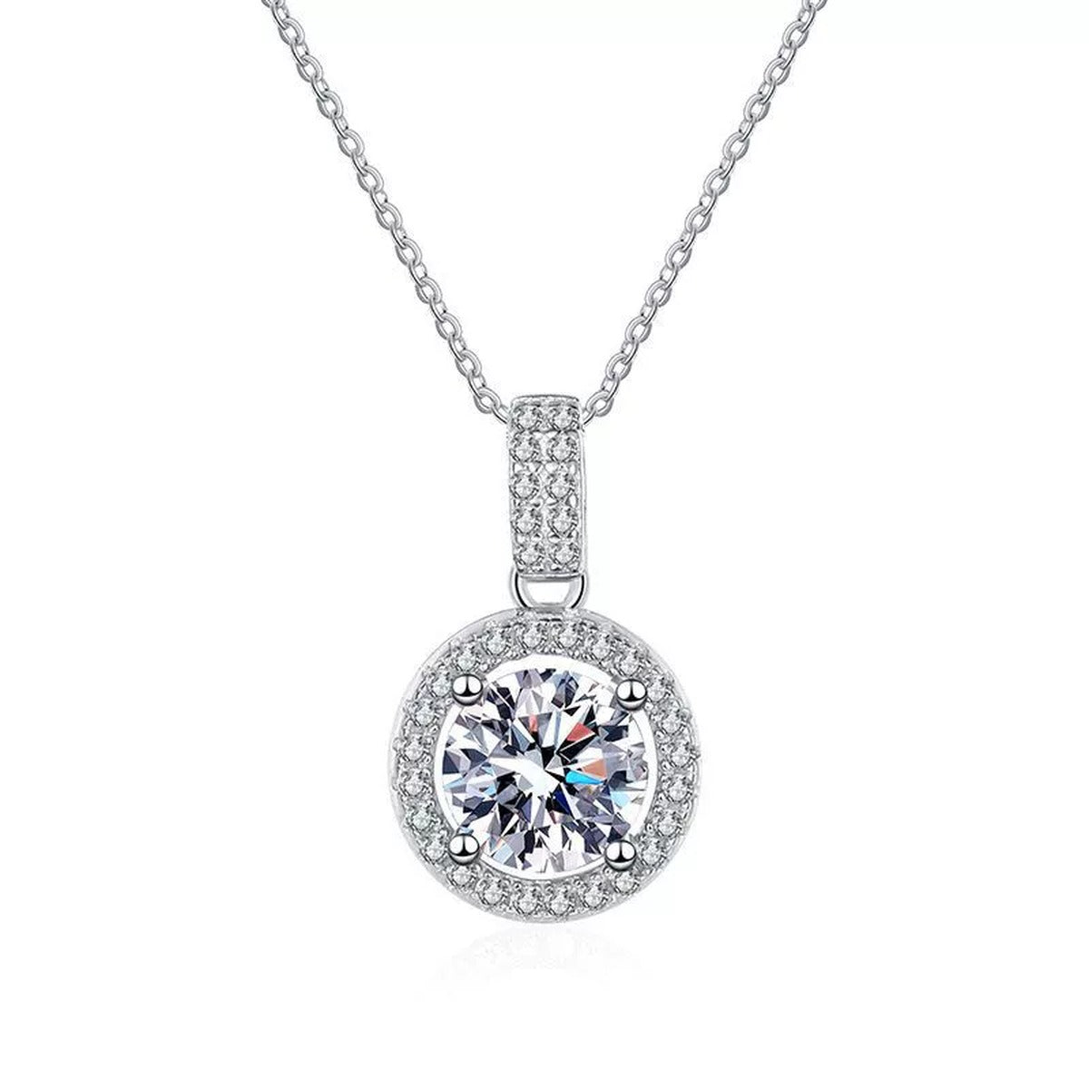 round halo moissanite pendant necklace with CZ accents in platinum-plated S925 sterling silver front view on white background