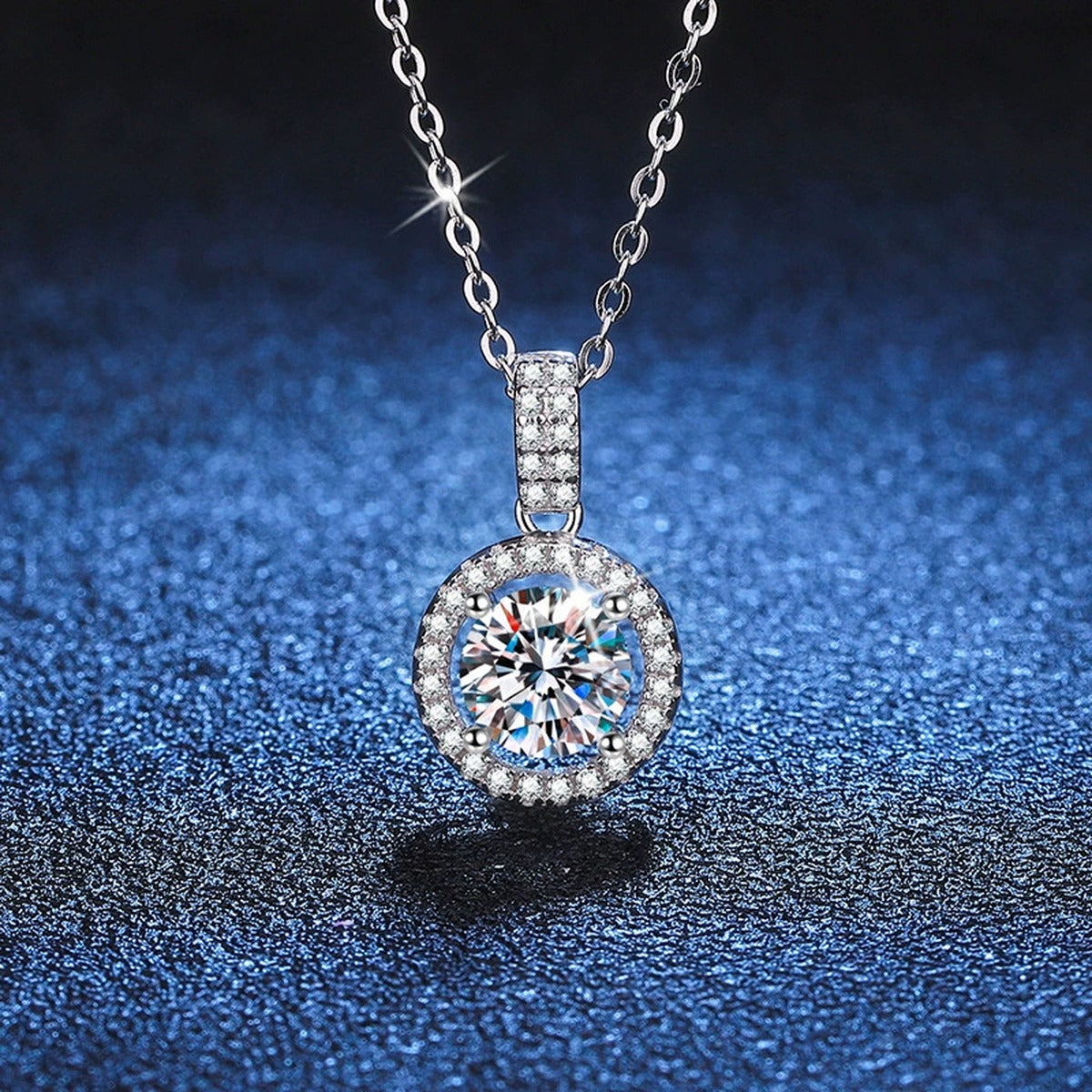round halo moissanite pendant necklace with CZ accents in platinum-plated S925 sterling silver product detail view