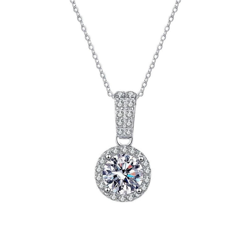 round halo moissanite pendant necklace with CZ accents in platinum-plated S925 sterling silver front view on white background