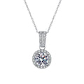 round halo moissanite pendant necklace with CZ accents in platinum-plated S925 sterling silver front view on white background