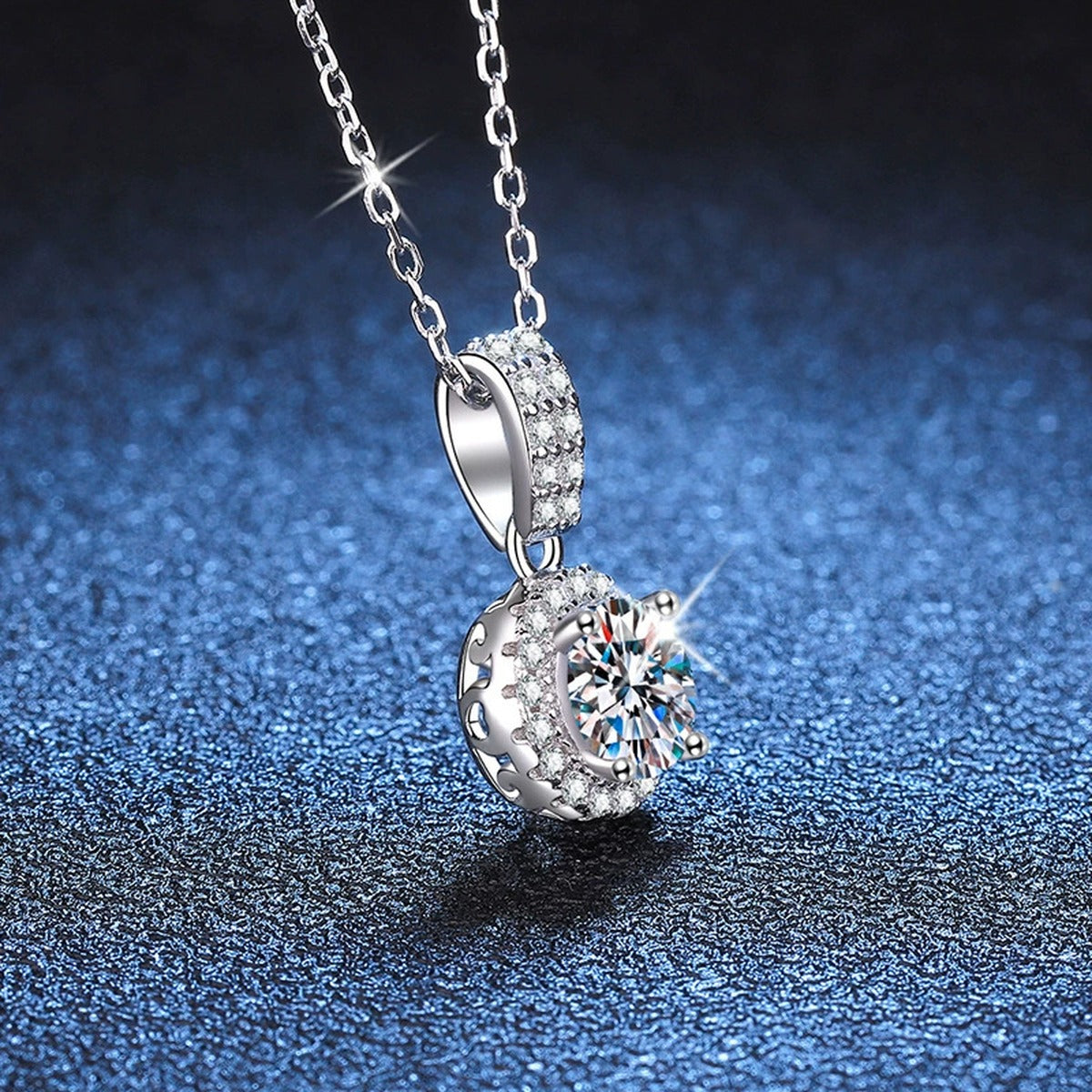 round halo moissanite pendant necklace with CZ accents in platinum-plated S925 sterling silver close-up detail view