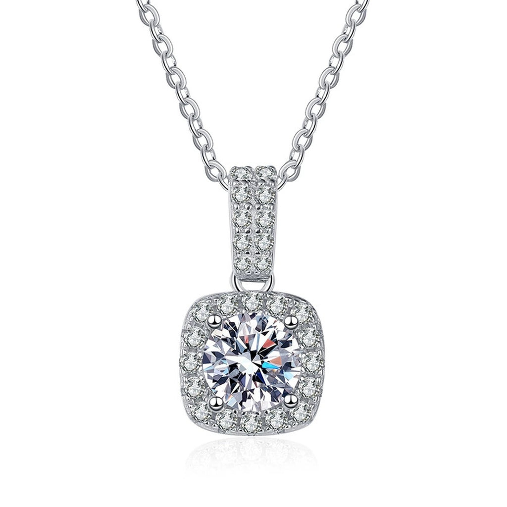 cushion halo moissanite pendant necklace with CZ accents in platinum-plated S925 sterling silver front view on white background