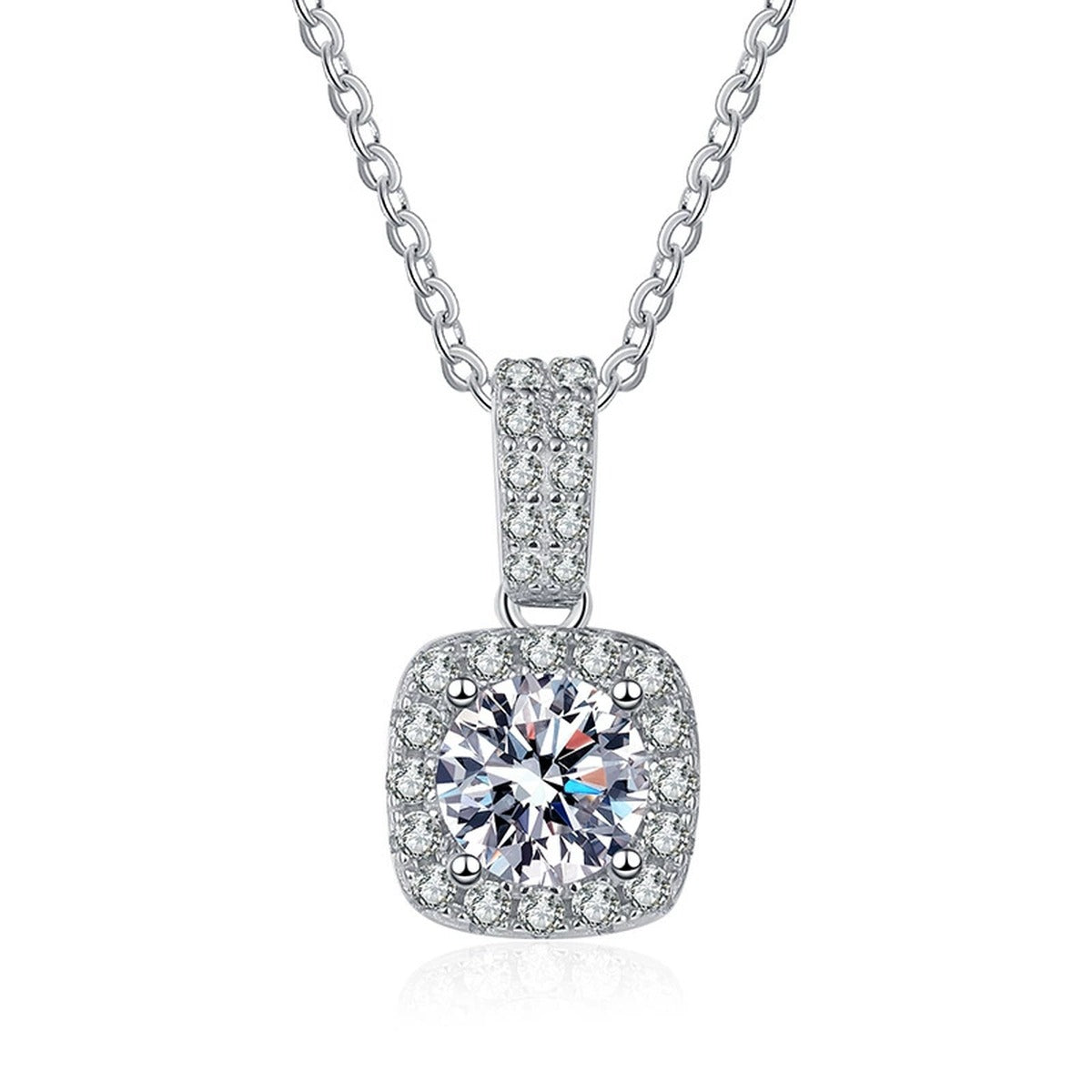 cushion halo moissanite pendant necklace with CZ accents in platinum-plated S925 sterling silver front view on white background