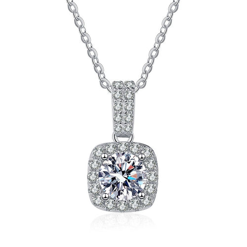 cushion halo moissanite pendant necklace with CZ accents in platinum-plated S925 sterling silver front view on white background