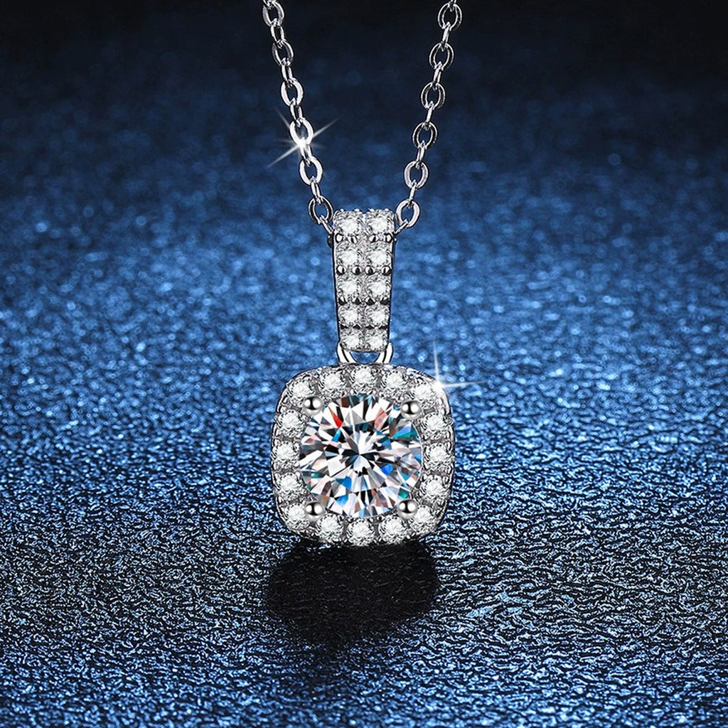 cushion halo moissanite pendant necklace with CZ accents in platinum-plated S925 sterling silver product detail view