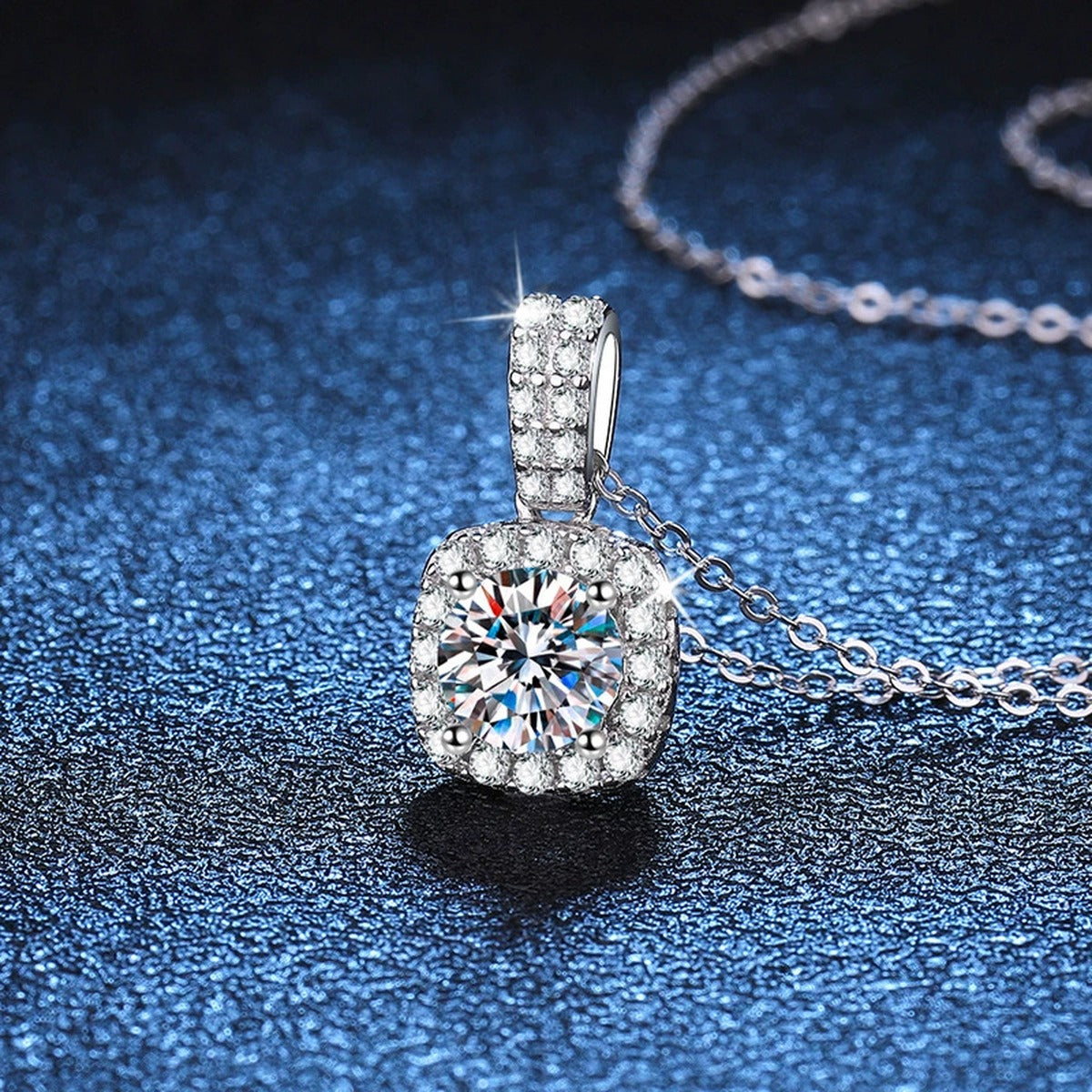 cushion halo moissanite pendant necklace with CZ accents in platinum-plated S925 sterling silver lifestyle product view