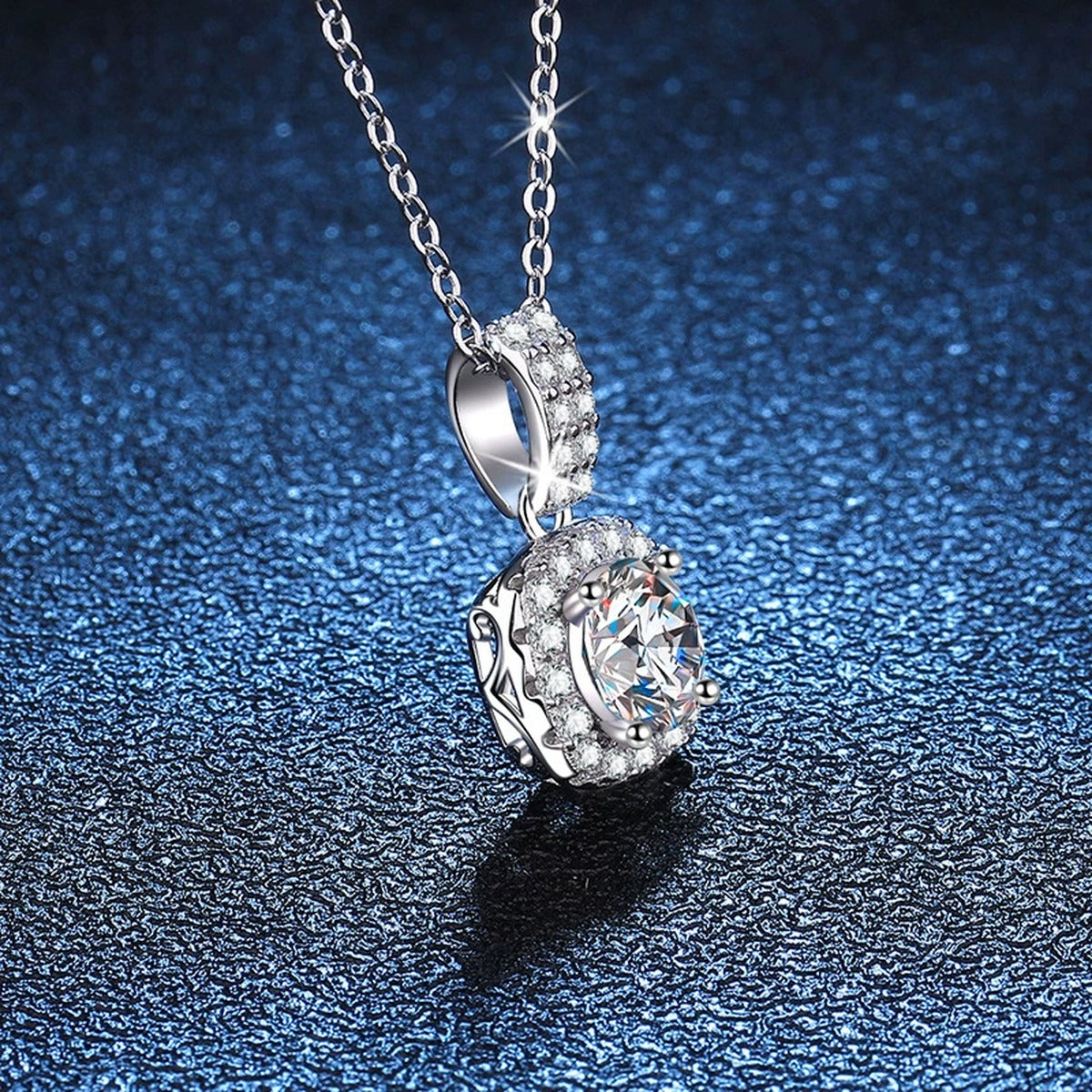 cushion halo moissanite pendant necklace with CZ accents in platinum-plated S925 sterling silver close-up detail view