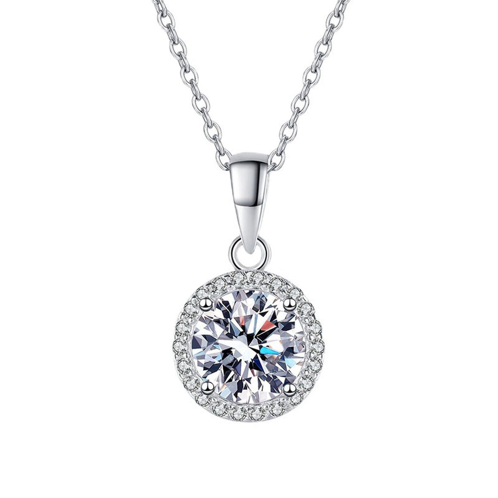 round halo moissanite pendant necklace with CZ accents in platinum-plated S925 sterling silver front view on white background