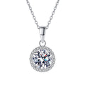 round halo moissanite pendant necklace with CZ accents in platinum-plated S925 sterling silver front view on white background