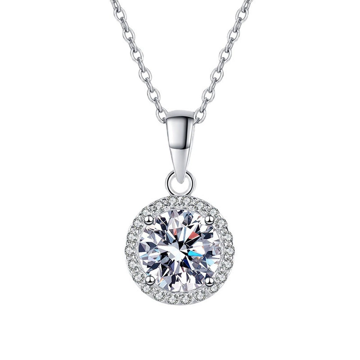 round halo moissanite pendant necklace with CZ accents in platinum-plated S925 sterling silver front view on white background