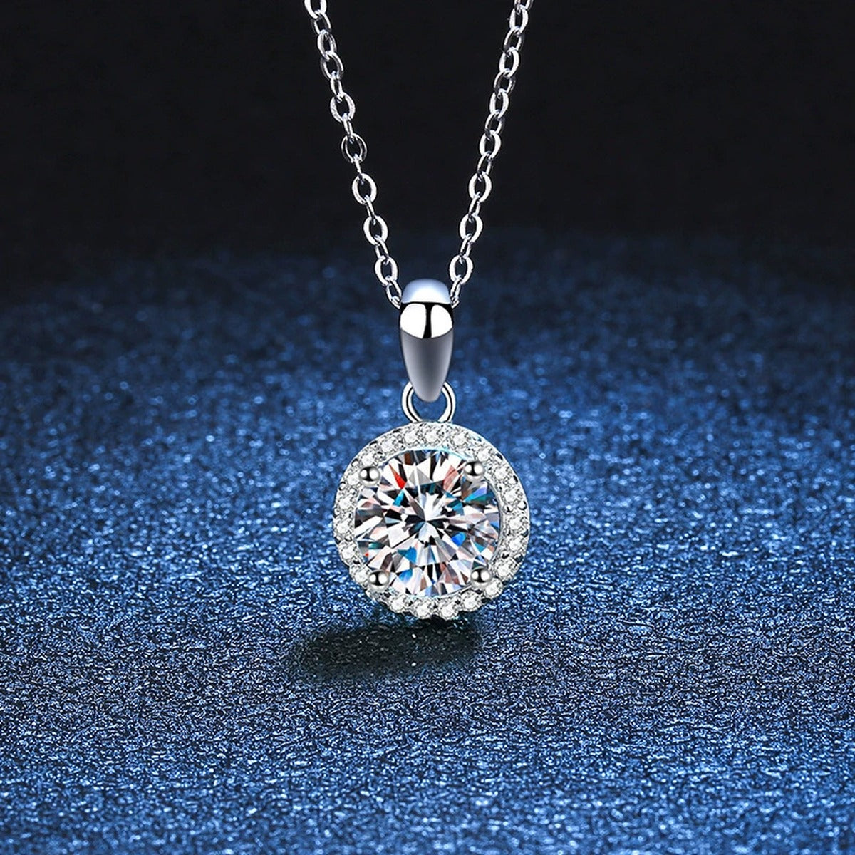 round halo moissanite pendant necklace with CZ accents in platinum-plated S925 sterling silver product detail view