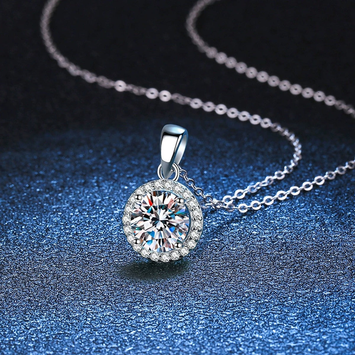 round halo moissanite pendant necklace with CZ accents in platinum-plated S925 sterling silver lifestyle product view