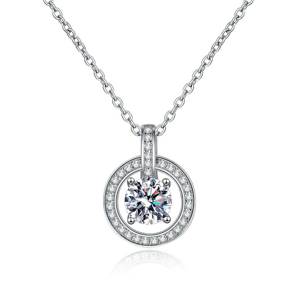 circle drop moissanite pendant necklace with CZ accents in platinum-plated S925 sterling silver front view on white background