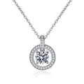 circle drop moissanite pendant necklace with CZ accents in platinum-plated S925 sterling silver front view on white background