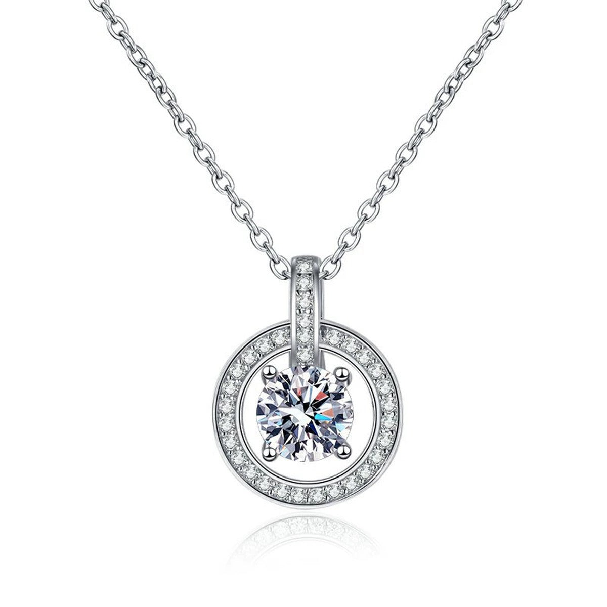 circle drop moissanite pendant necklace with CZ accents in platinum-plated S925 sterling silver front view on white background