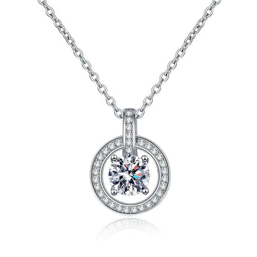 circle drop moissanite pendant necklace with CZ accents in platinum-plated S925 sterling silver front view on white background