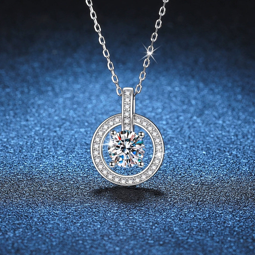 circle drop moissanite pendant necklace with CZ accents in platinum-plated S925 sterling silver product detail view