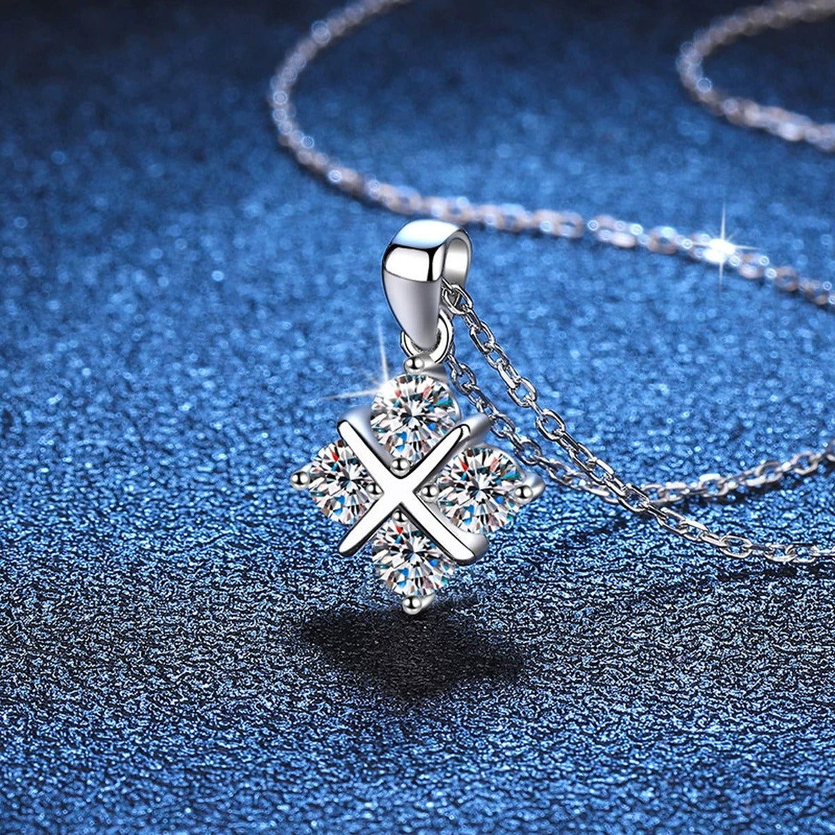 Four-Stone Clover Moissanite Pendant Necklace in Platinum-Plated S925 Sterling Silver blue background product view