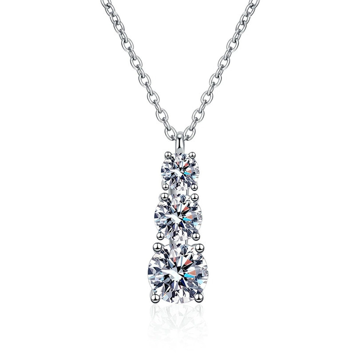 Graduated Three-Stone Moissanite Drop Necklace in Platinum-Plated S925 Sterling Silver clean white background product image