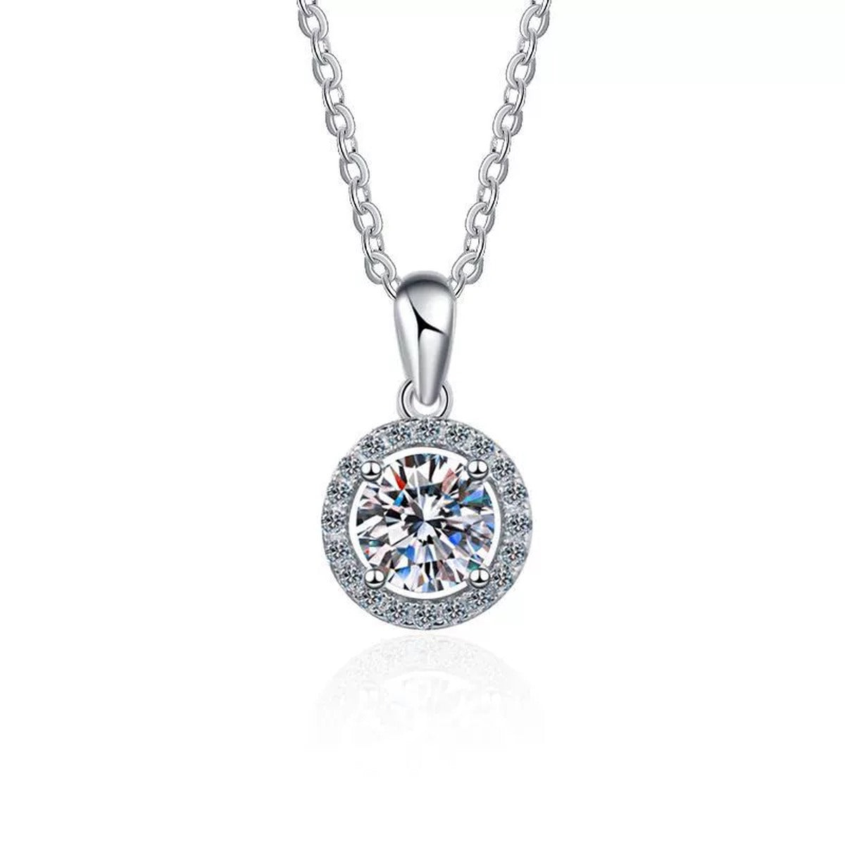 Round Halo Moissanite Pendant Necklace in Platinum-Plated S925 Sterling Silver clean white background product image