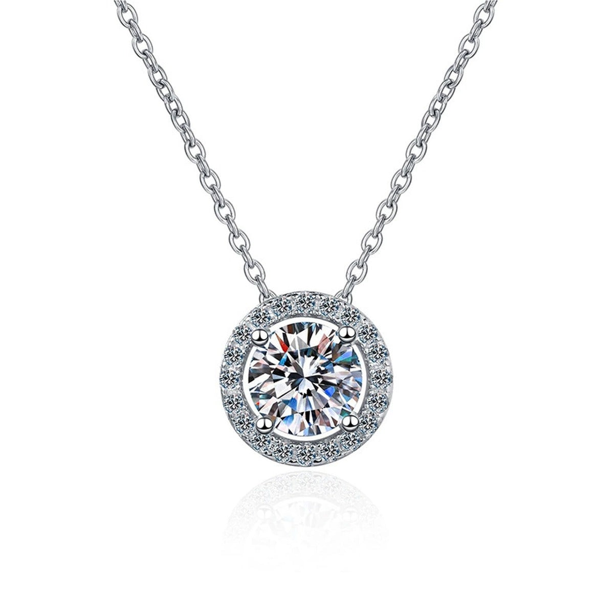 Round Halo Moissanite Pendant Necklace in Platinum-Plated S925 Sterling Silver clean white background product image