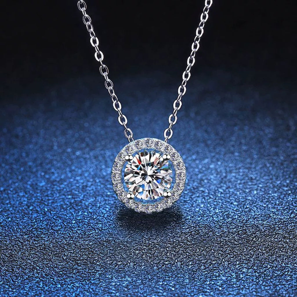 Round Halo Moissanite Pendant Necklace in Platinum-Plated S925 Sterling Silver blue background product view