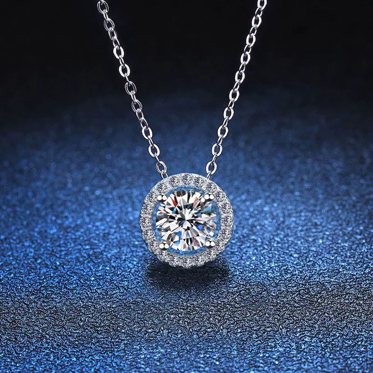 Round Halo Moissanite Pendant Necklace in Platinum-Plated S925 Sterling Silver blue background product view