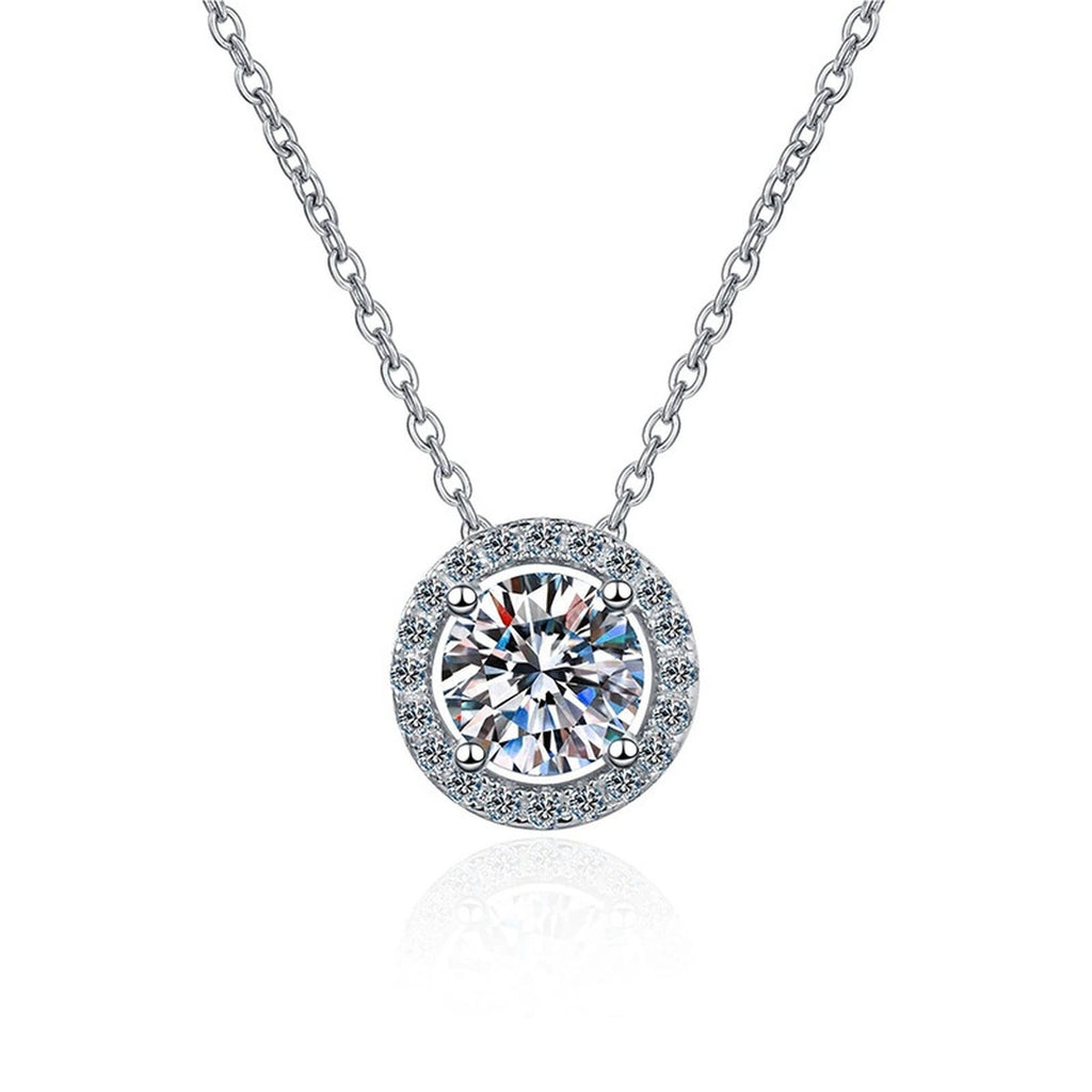 Round Halo Moissanite Pendant Necklace with Cubic Zirconia in White Gold-Plated S925 Sterling Silver on clean white background showing the round halo pendant with a four-prong moissanite center and cubic zirconia halo