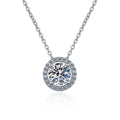 Round Halo Moissanite Pendant Necklace with Cubic Zirconia in White Gold-Plated S925 Sterling Silver on clean white background showing the round halo pendant with a four-prong moissanite center and cubic zirconia halo