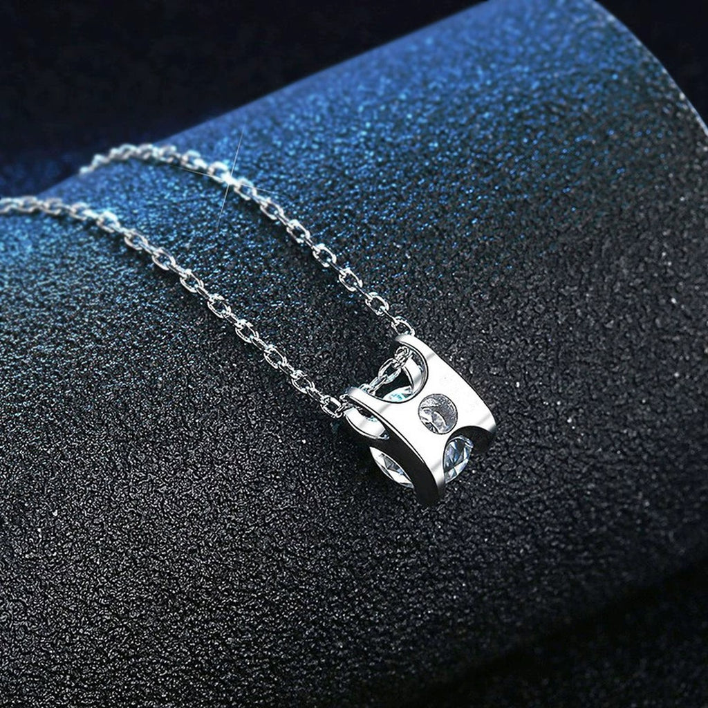 Round Moissanite Solitaire Pendant Necklace in White Gold-Plated S925 Sterling Silver dark background product display view