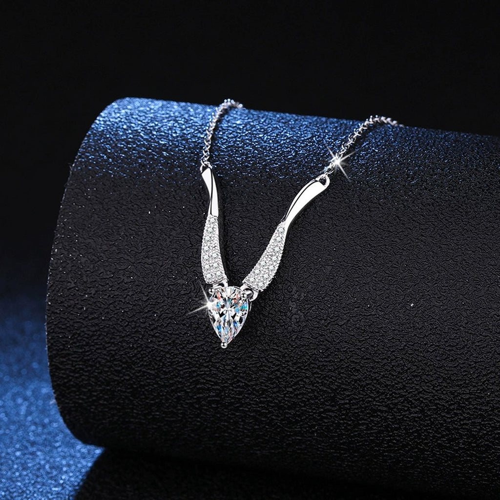 Pear Moissanite Drop Necklace in Platinum-Plated S925 Sterling Silver dark background product display view
