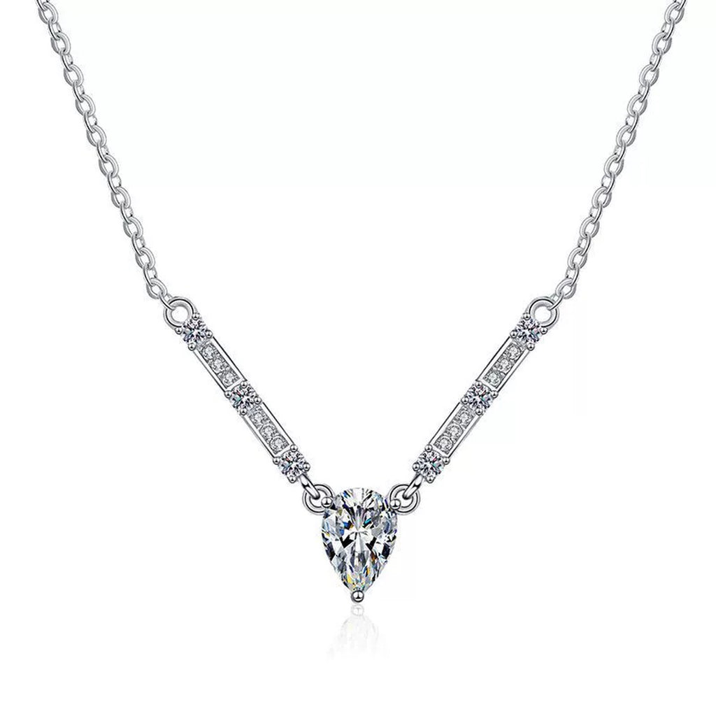 Pear Moissanite Bar Drop Necklace in Platinum-Plated S925 Sterling Silver clean white background product image
