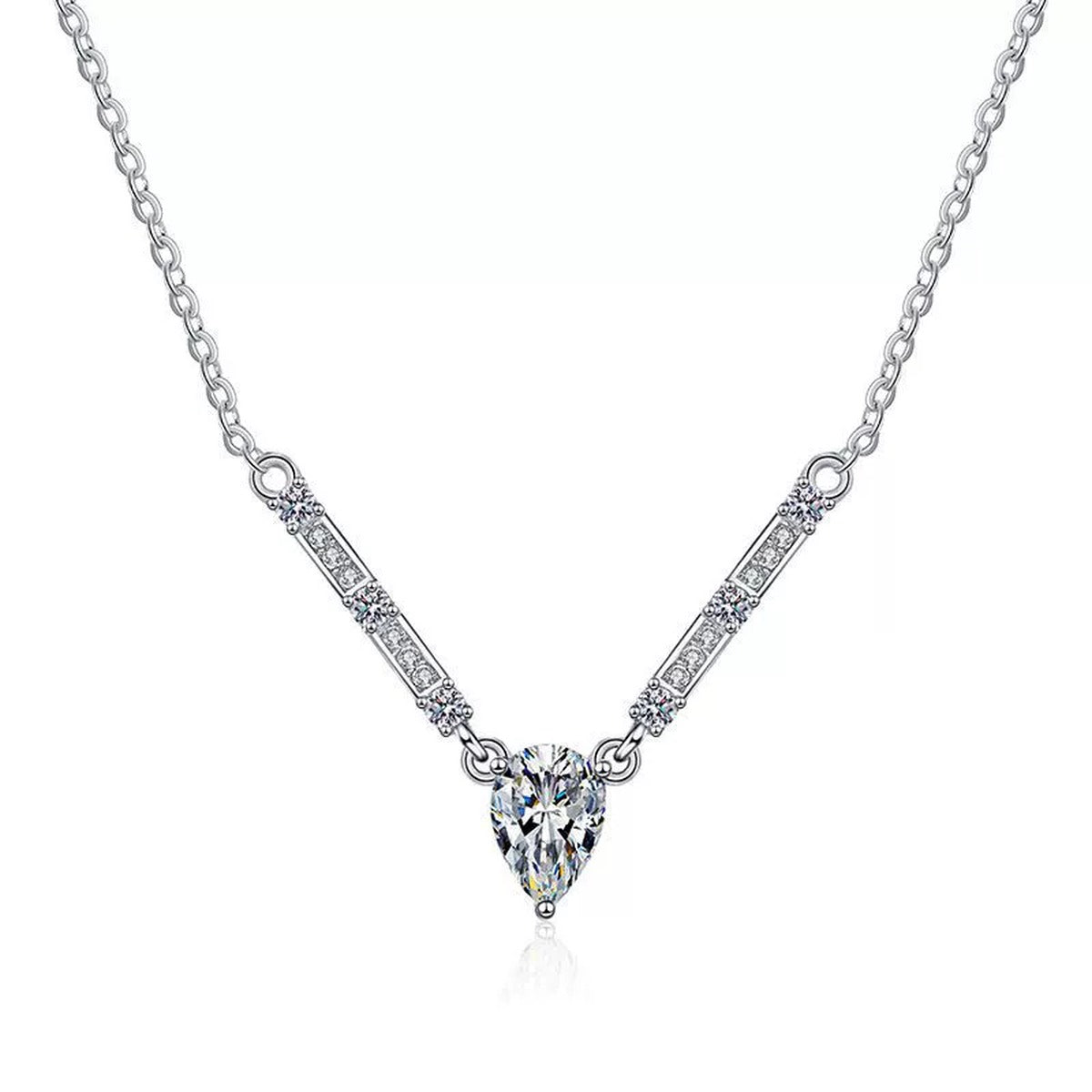 Pear Moissanite Bar Drop Necklace in Platinum-Plated S925 Sterling Silver clean white background product image