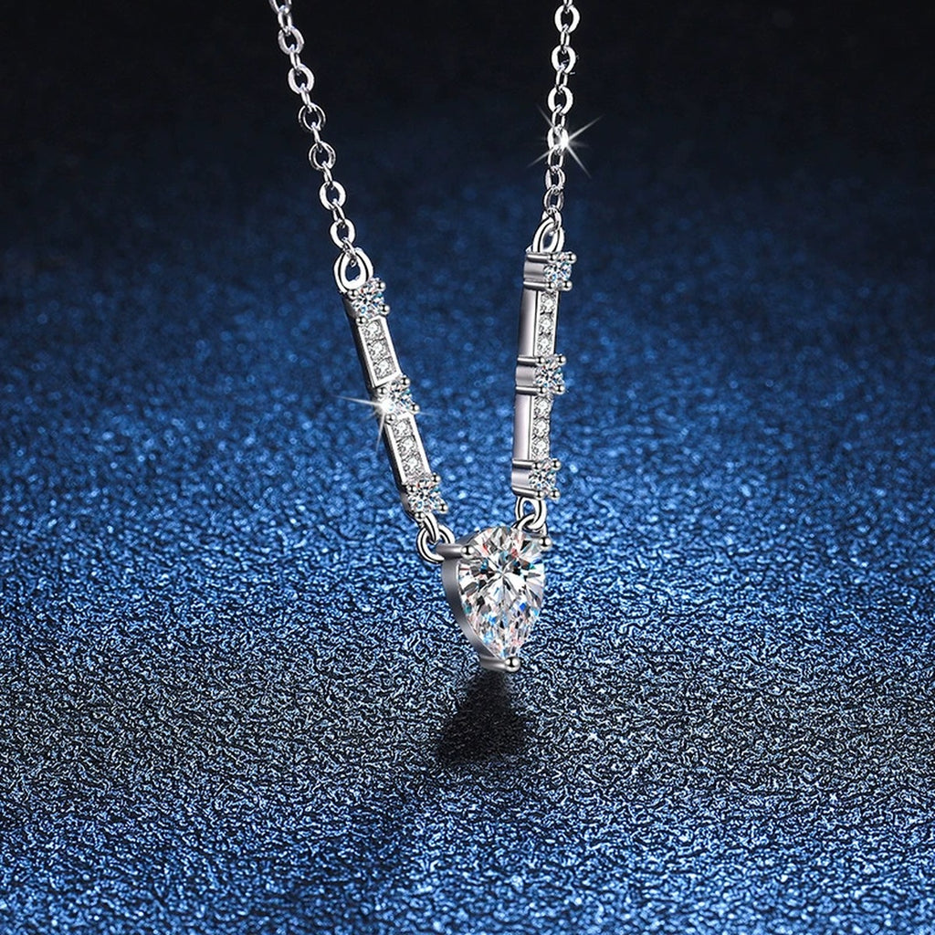 Pear Moissanite Bar Drop Necklace in Platinum-Plated S925 Sterling Silver blue background product view