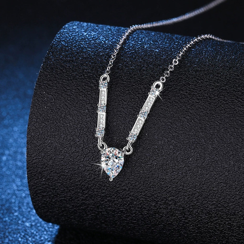 Pear Moissanite Bar Drop Necklace in Platinum-Plated S925 Sterling Silver dark background product display view