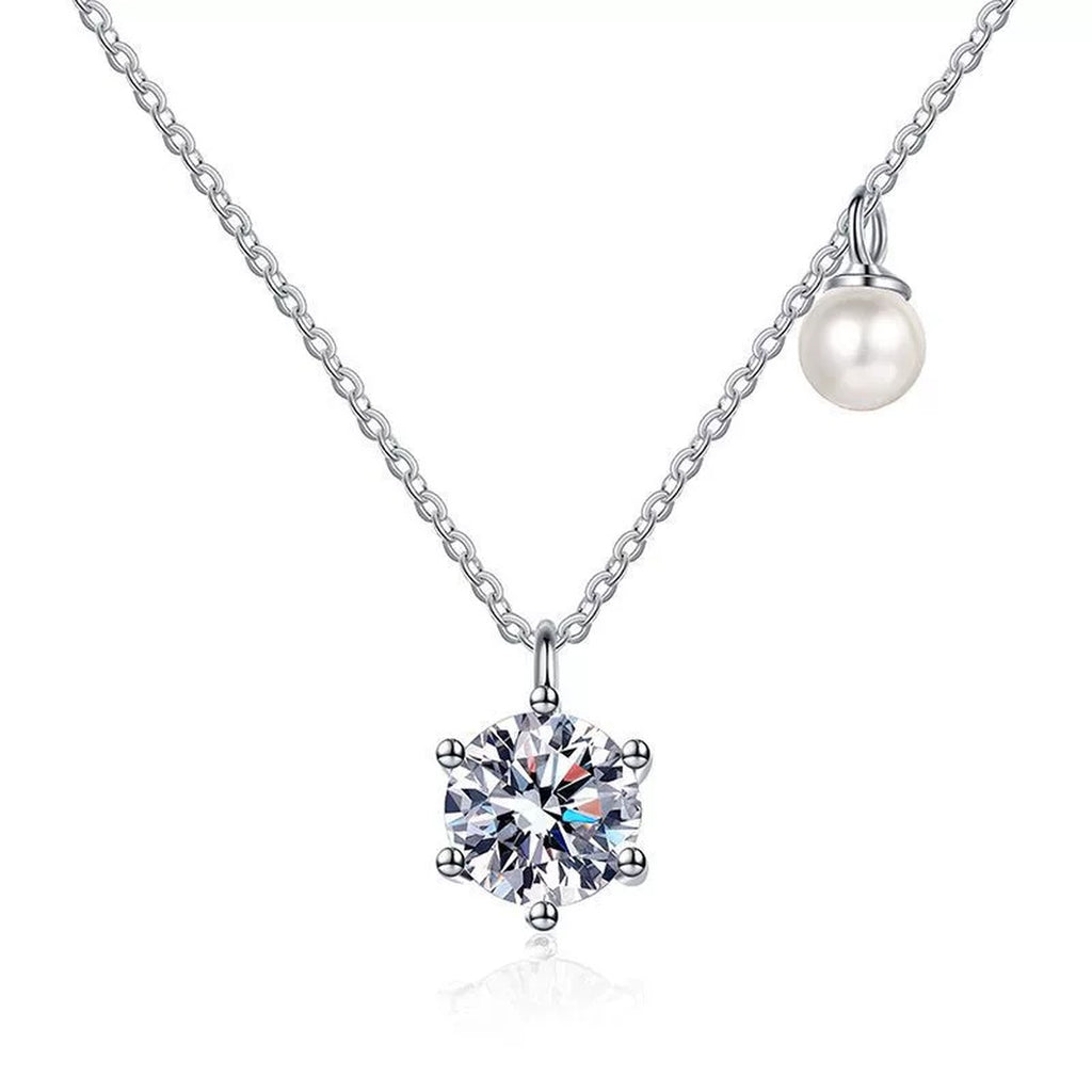 Round Moissanite Pearl Accent Pendant Necklace in Platinum-Plated S925 Sterling Silver clean white background product image