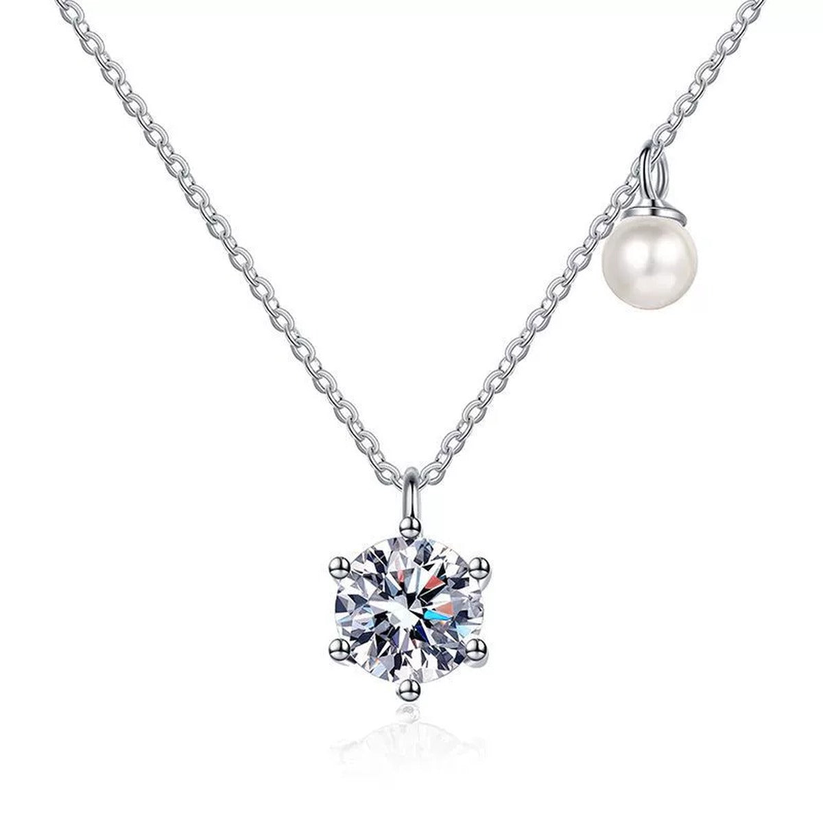 Round Moissanite Pearl Accent Pendant Necklace in Platinum-Plated S925 Sterling Silver clean white background product image