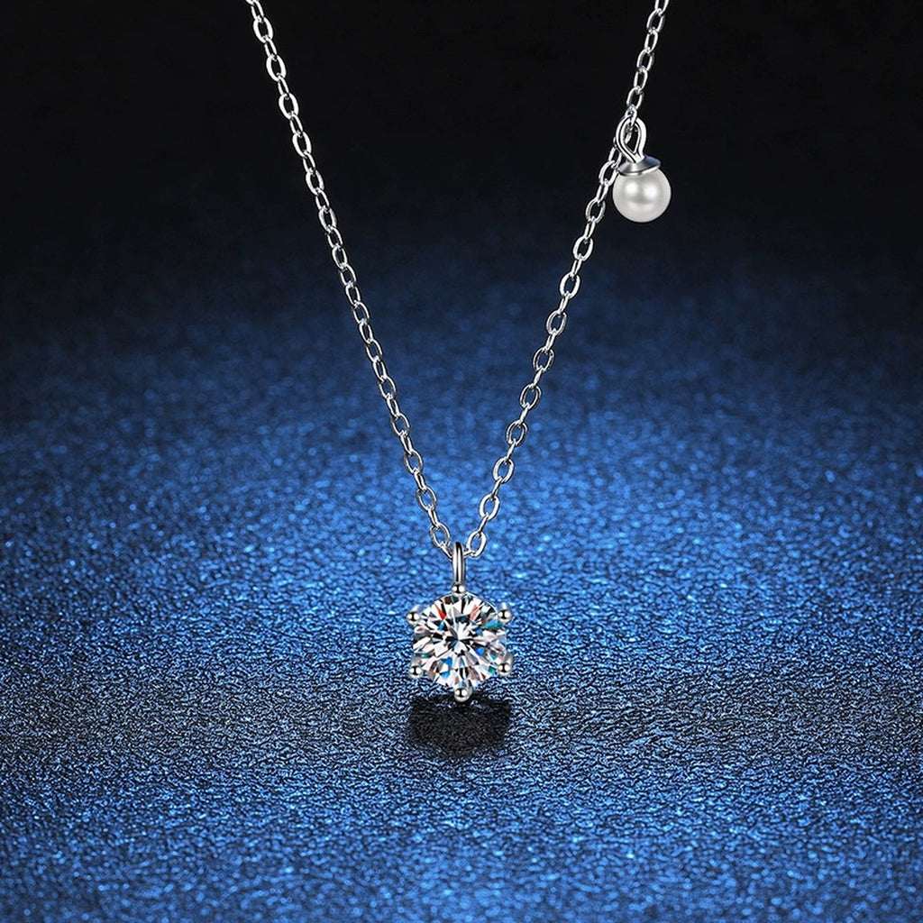Round Moissanite Pearl Accent Pendant Necklace in Platinum-Plated S925 Sterling Silver blue background product view