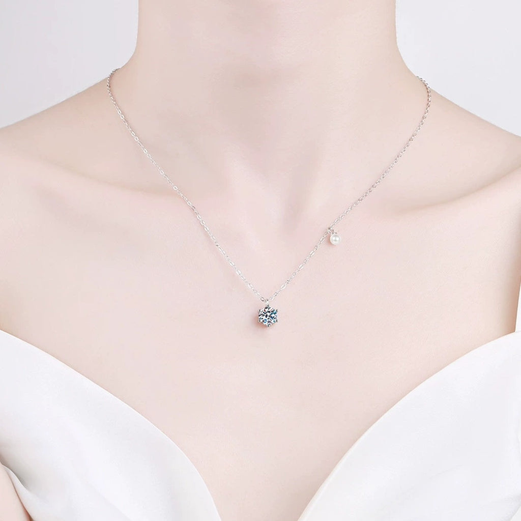 Round Moissanite Pearl Accent Pendant Necklace in Platinum-Plated S925 Sterling Silver wearing by a model on the neck