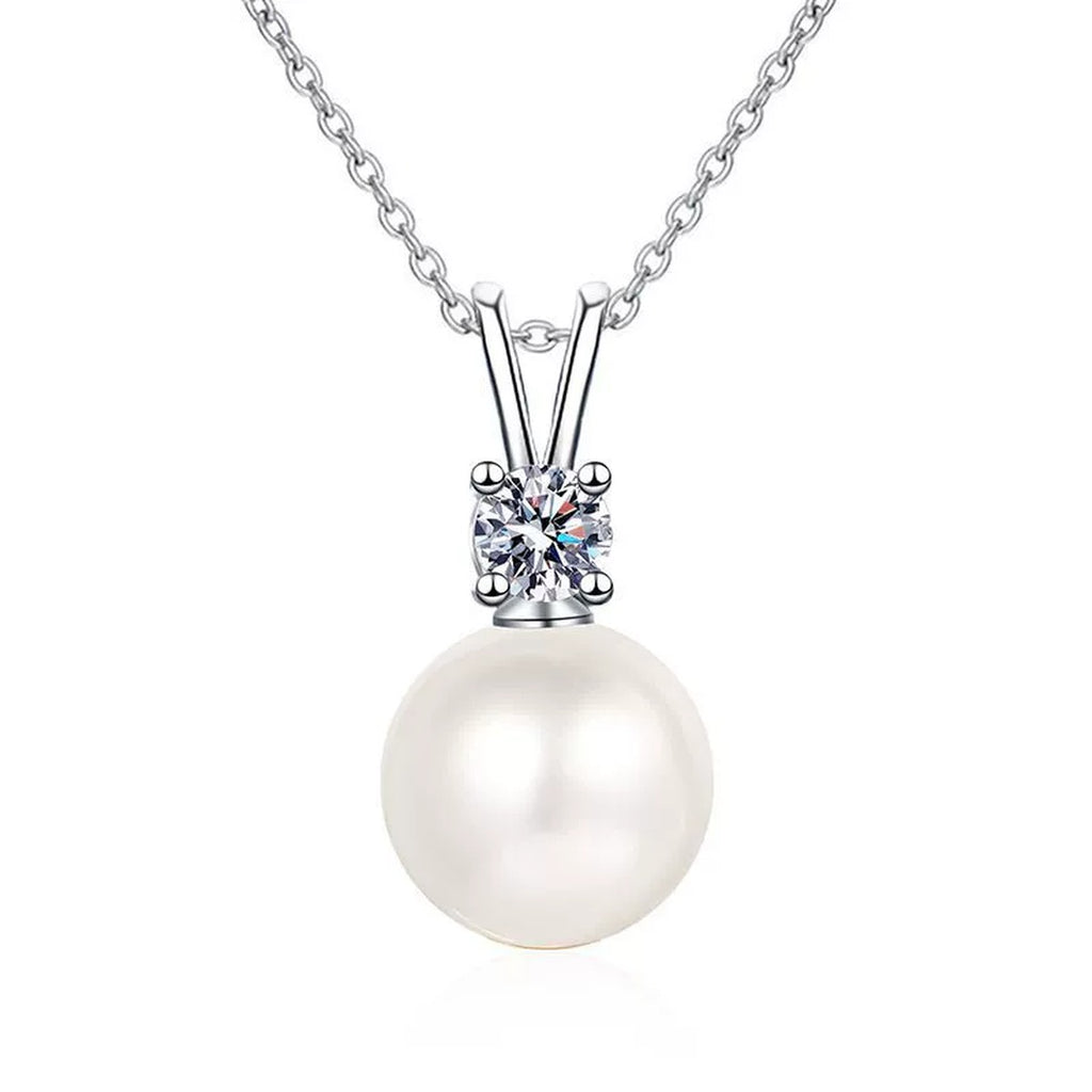 Moissanite Pearl Pendant Necklace in Platinum-Plated S925 Sterling Silver clean white background product image