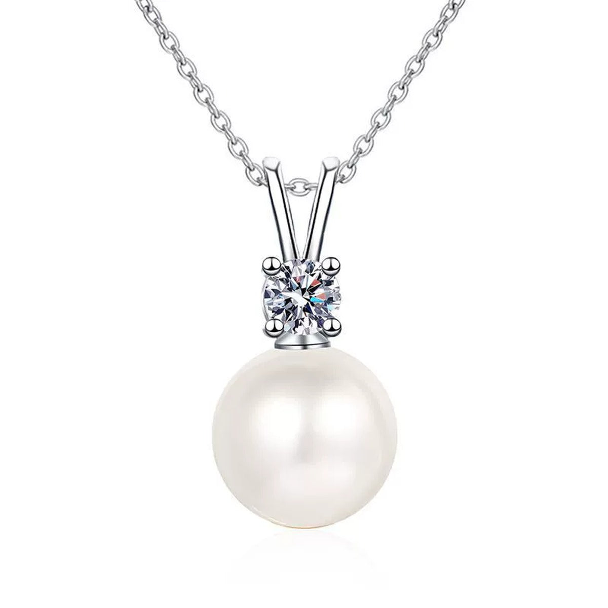 Moissanite Pearl Pendant Necklace in Platinum-Plated S925 Sterling Silver clean white background product image