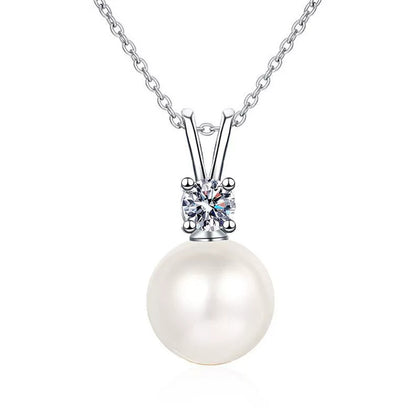 Moissanite Pearl Pendant Necklace in Platinum-Plated S925 Sterling Silver clean white background product image