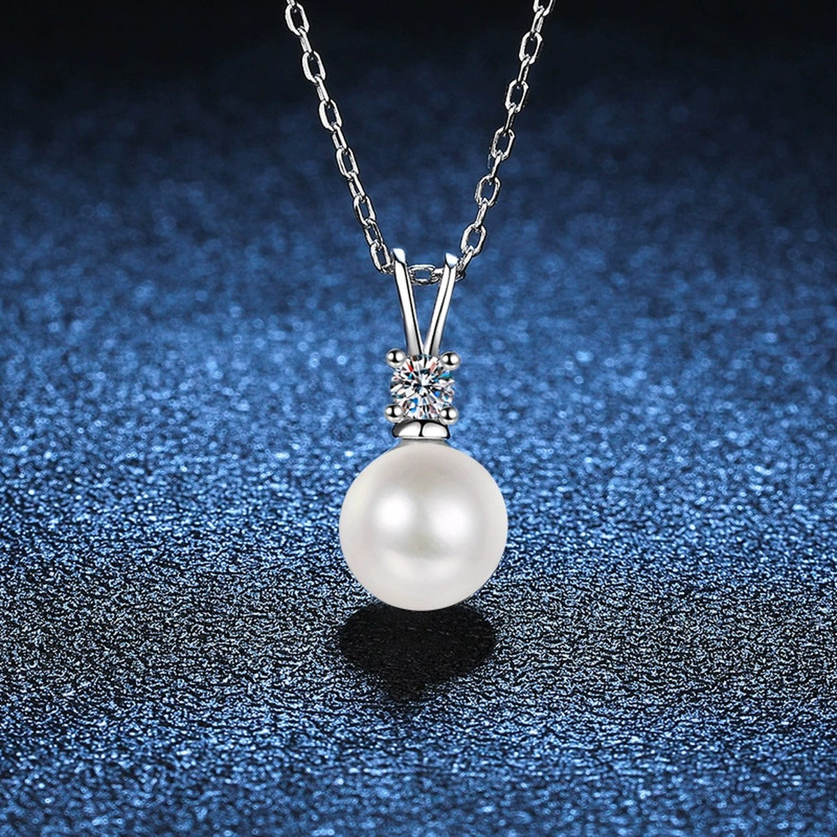 Moissanite Pearl Pendant Necklace in Platinum-Plated S925 Sterling Silver blue background product view