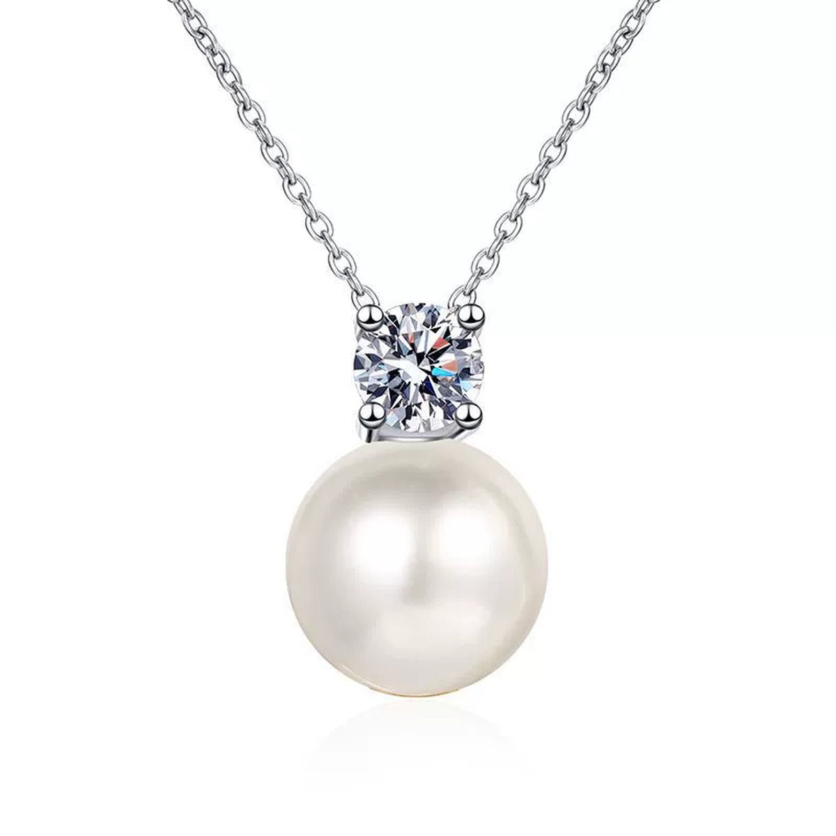 Petite Round Moissanite Pendant Necklace in Platinum-Plated S925 Sterling Silver clean white background product image