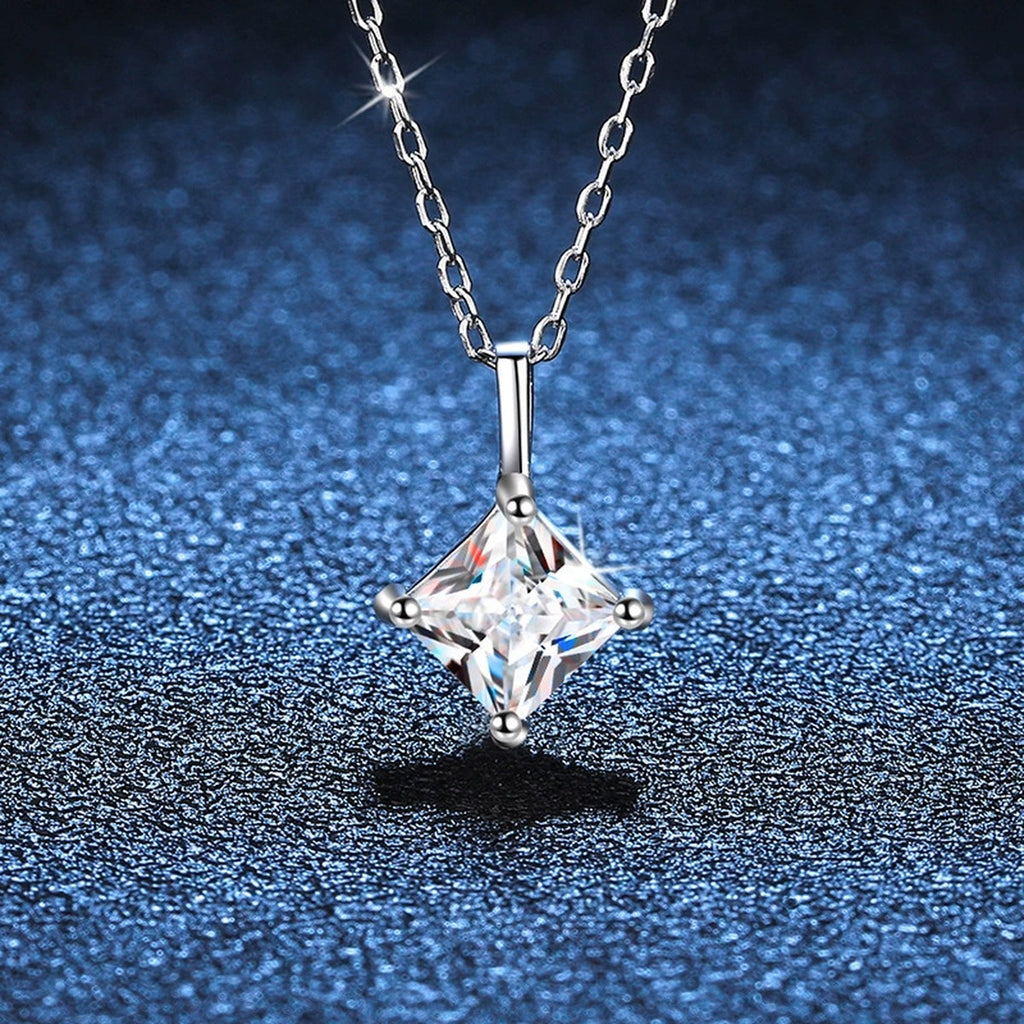 Princess-Cut Moissanite Pendant Necklace in Platinum-Plated S925 Sterling Silver blue background product view