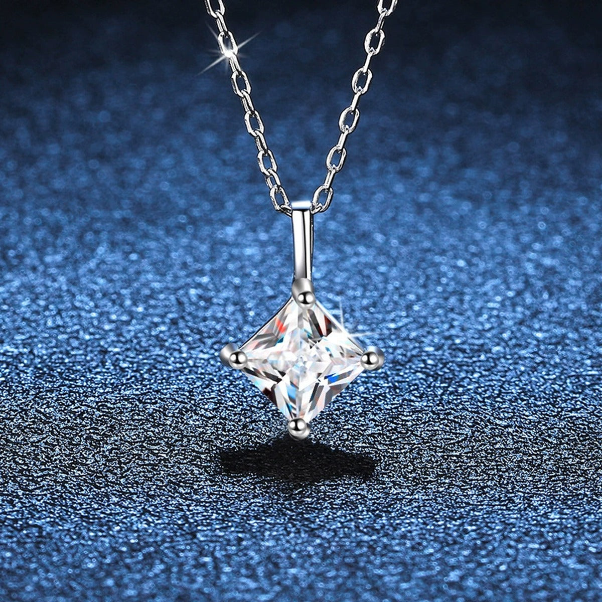 Princess-Cut Moissanite Pendant Necklace in Platinum-Plated S925 Sterling Silver blue background product view