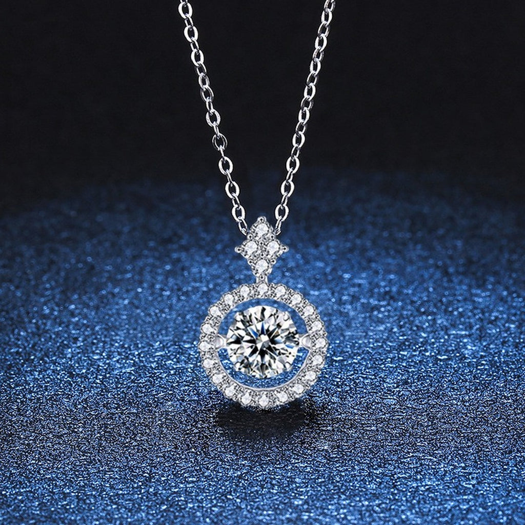 Round Halo Moissanite Pendant Necklace in Platinum-Plated S925 Sterling Silver blue background close-up view