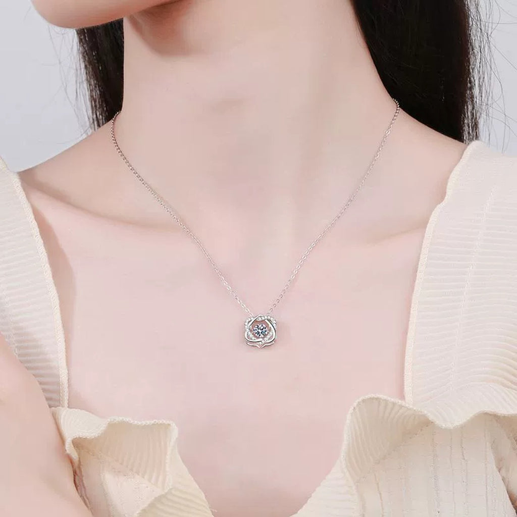 Swirl Round Moissanite Pendant Necklace in Platinum-Plated S925 Sterling Silver worn by model at neckline